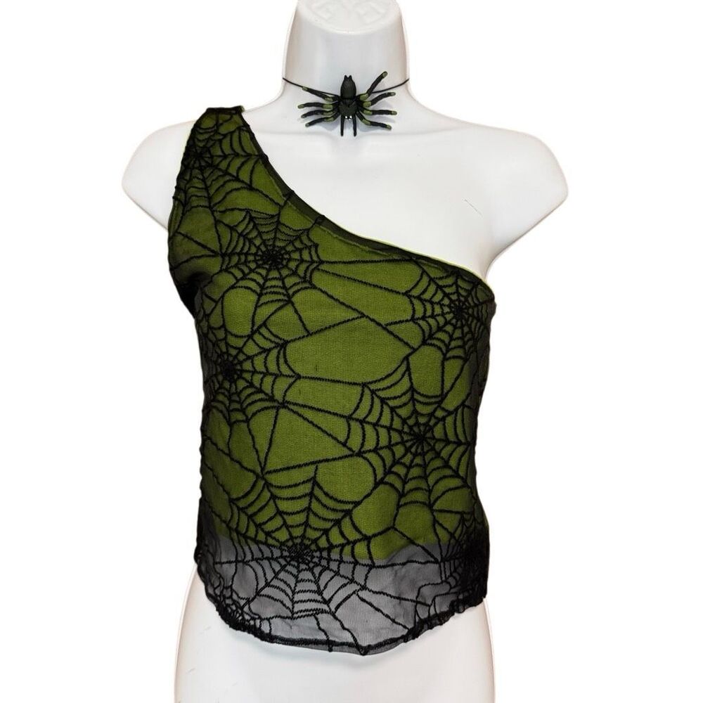 Y2K Lime Green Spiderweb Mesh One Shoulder Halloween Top Size Large